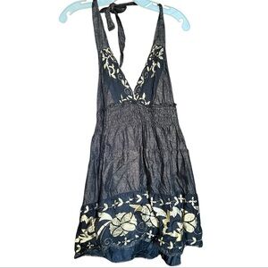 Black and Metallic Gold Halter Tunic Top Sleeveless Blouse with Floral Designs